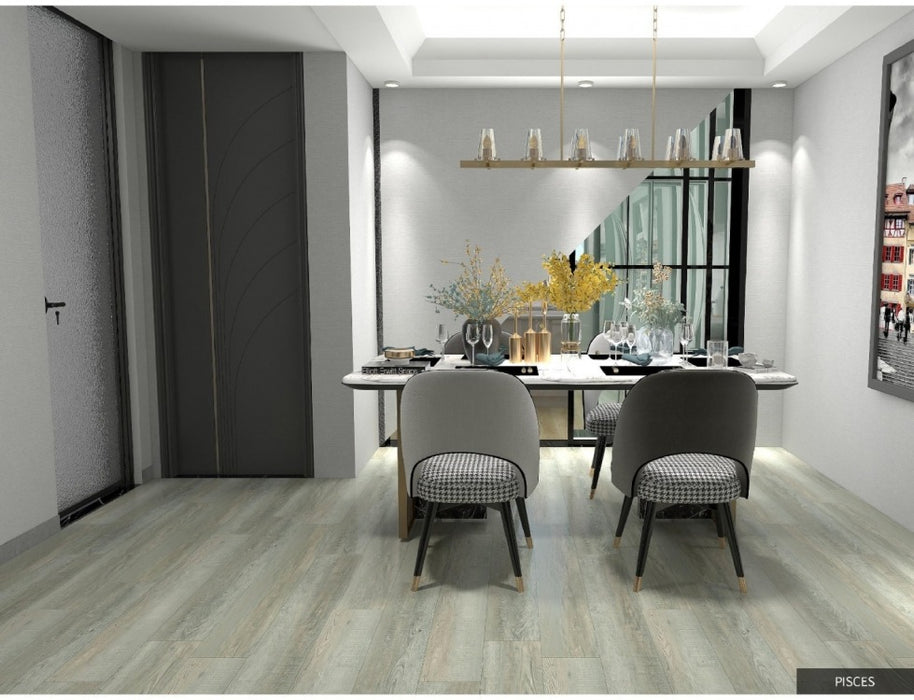 NAF AquaPlus Platinum Pisces 9mm waterproof rigid core vinyl plank flooring with realistic wood grain and deep-textured finish in a dining room