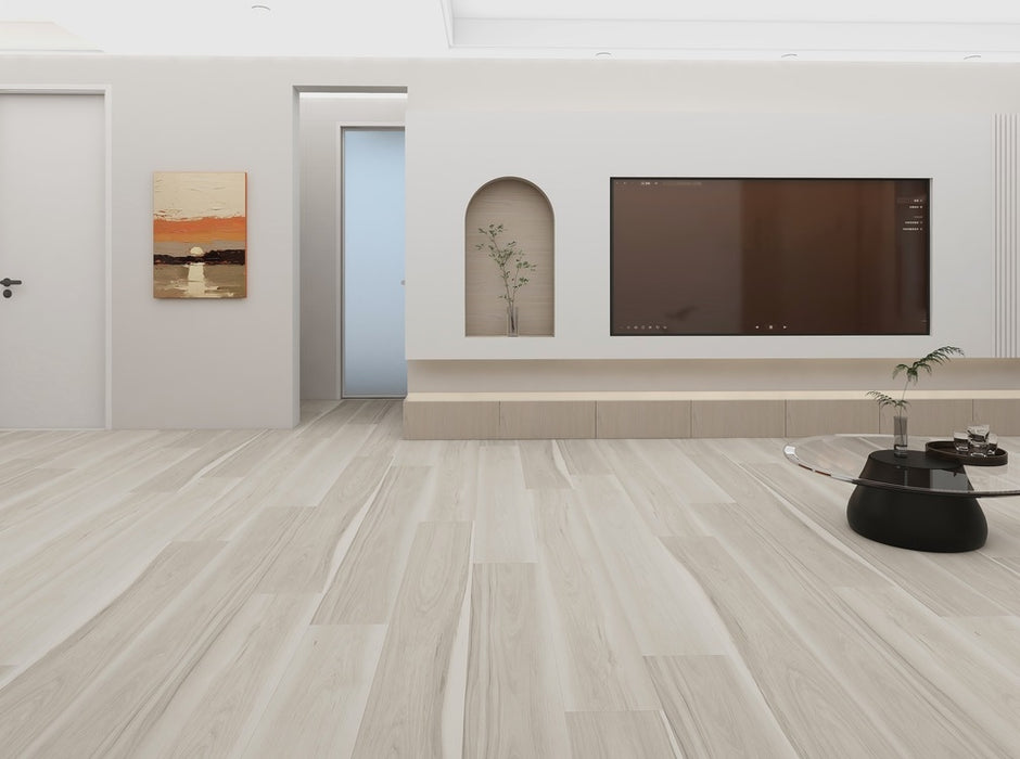 NAF AquaPlus Platinum Soho 9mm waterproof rigid core vinyl plank flooring with realistic wood grain and deep-textured finish in a living room