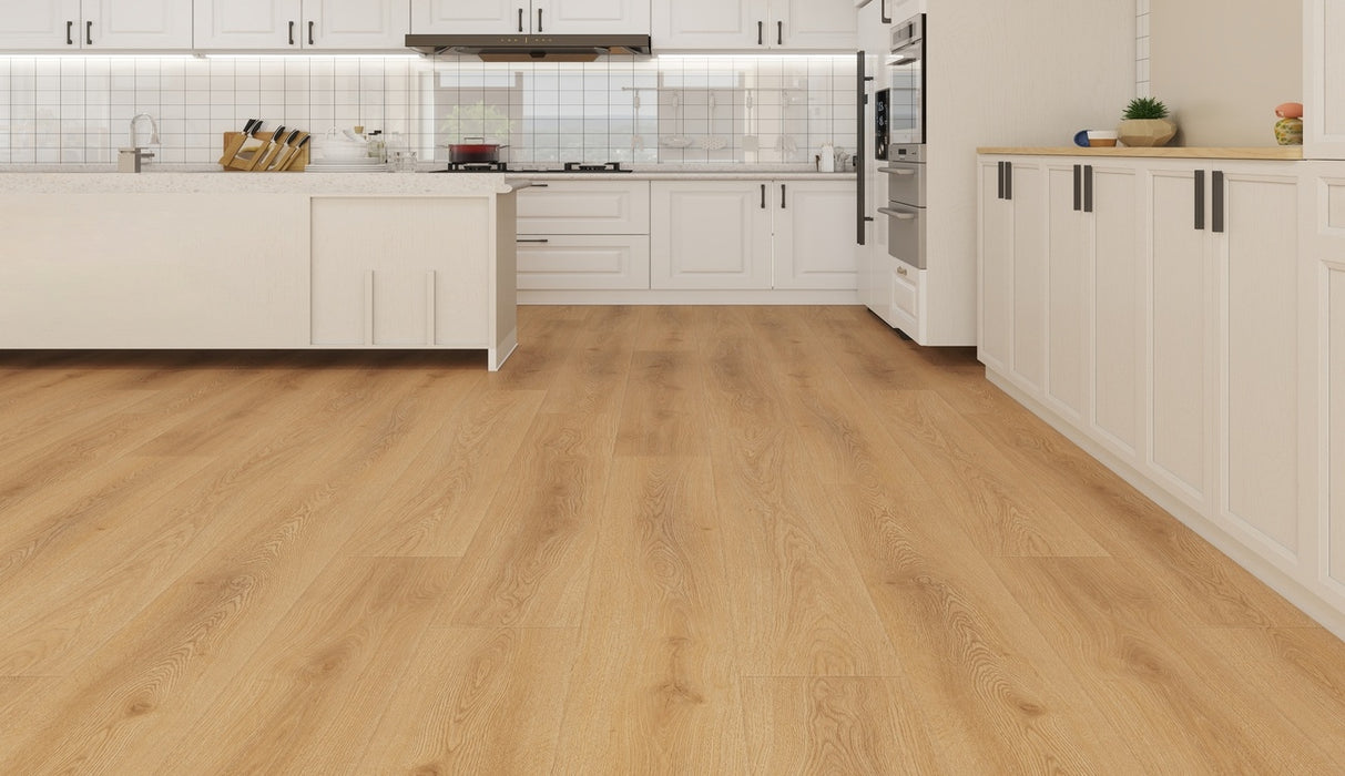 NAF AquaPlus Platinum Westminster 9mm waterproof rigid core vinyl plank flooring with realistic wood grain and deep-textured finish installed in a kitchen
