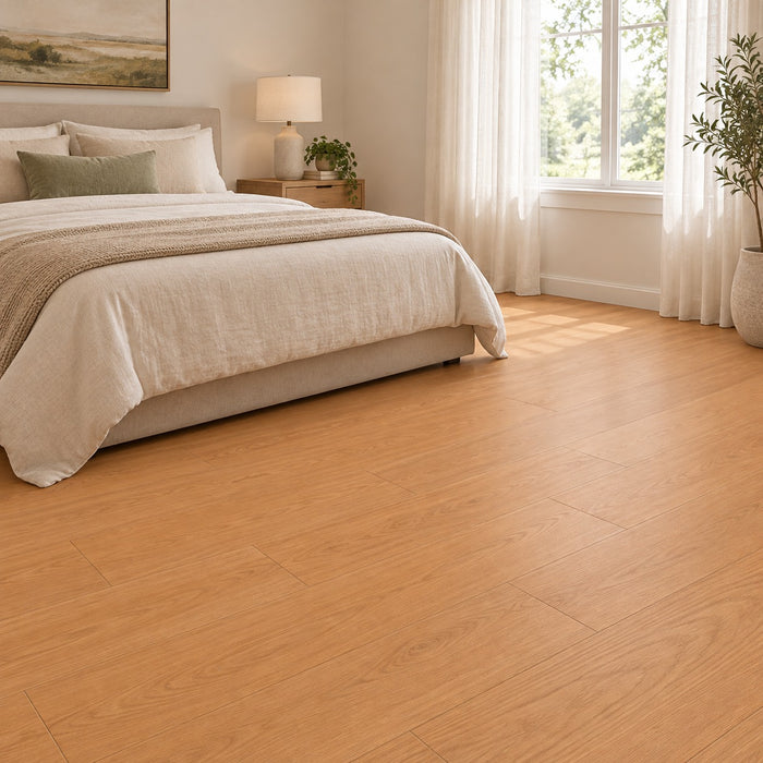NAF AquaPlus Select Bracebridge 7mm waterproof rigid core vinyl plank flooring with realistic wood grain and deep-textured finish in a bedroom
