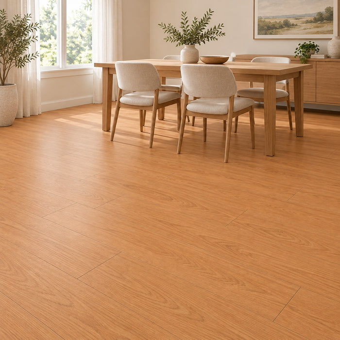 NAF AquaPlus Select Bracebridge 7mm waterproof rigid core vinyl plank flooring with realistic wood grain and deep-textured finish in a dining room