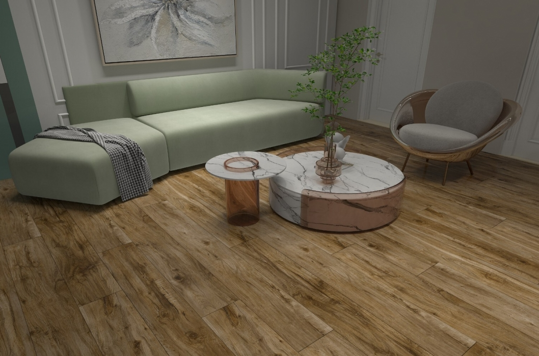 NAF AquaPlus Select Chaplin 7mm waterproof rigid core vinyl plank flooring with realistic wood grain and deep-textured finish in a living room
