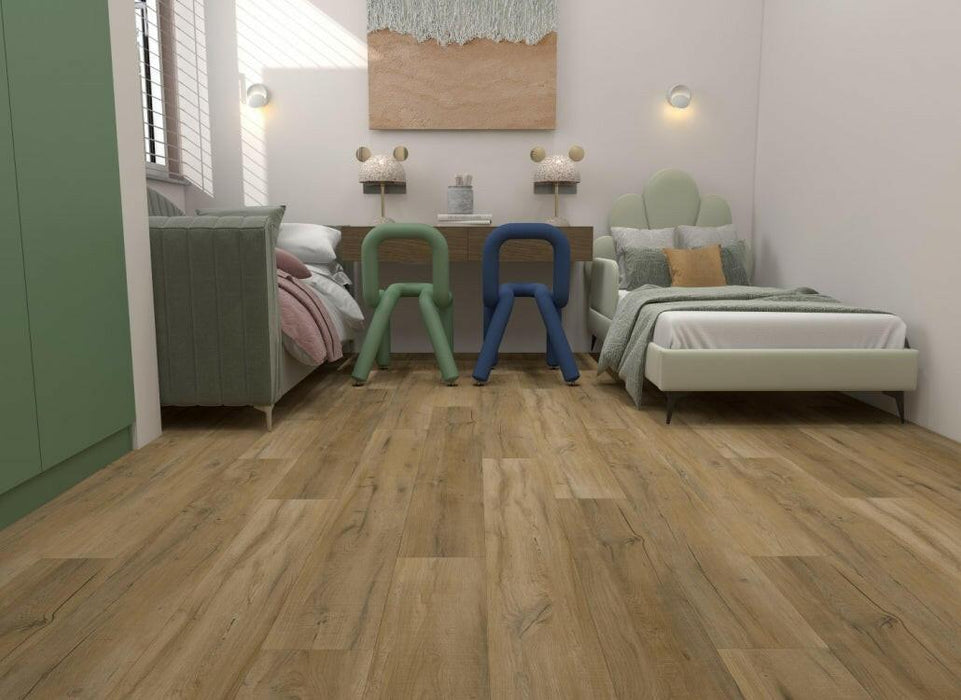 NAF AquaPlus Select Deerhurst 7mm waterproof rigid core vinyl plank flooring with realistic wood grain and deep-textured finish in a bedroom