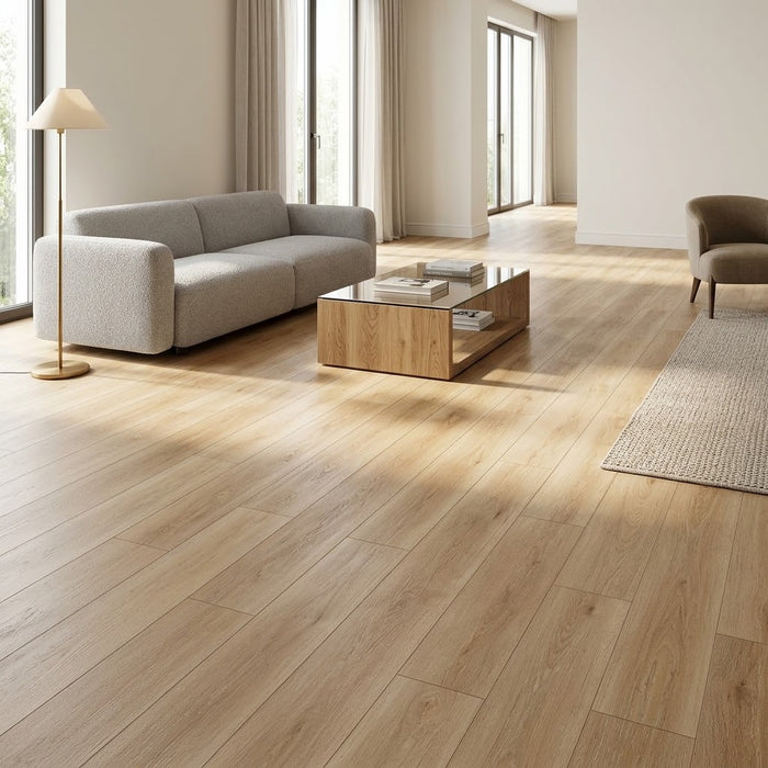 NAF AquaPlus Select Sauble Beach 7mm waterproof rigid core vinyl plank flooring with realistic wood grain and deep-textured finish applied in a living room