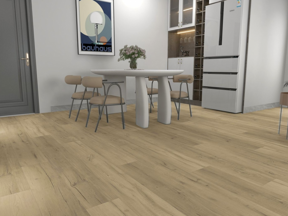 NAF AquaPlus Select Tobermory 7mm waterproof rigid core vinyl plank flooring with realistic wood grain and deep-textured finish in dining room
