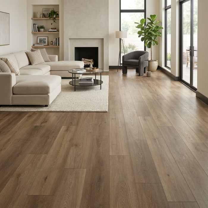 NAF AquaWood Hudson 10mm waterproof WPC vinyl flooring with wide 9-inch wood-look planks and a textured finish