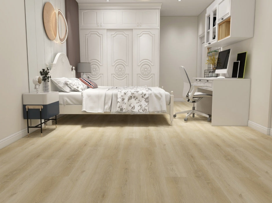 NAF AquaWood Thames 10mm waterproof WPC vinyl plank flooring with wide wood-look planks and textured finish in a bedroom