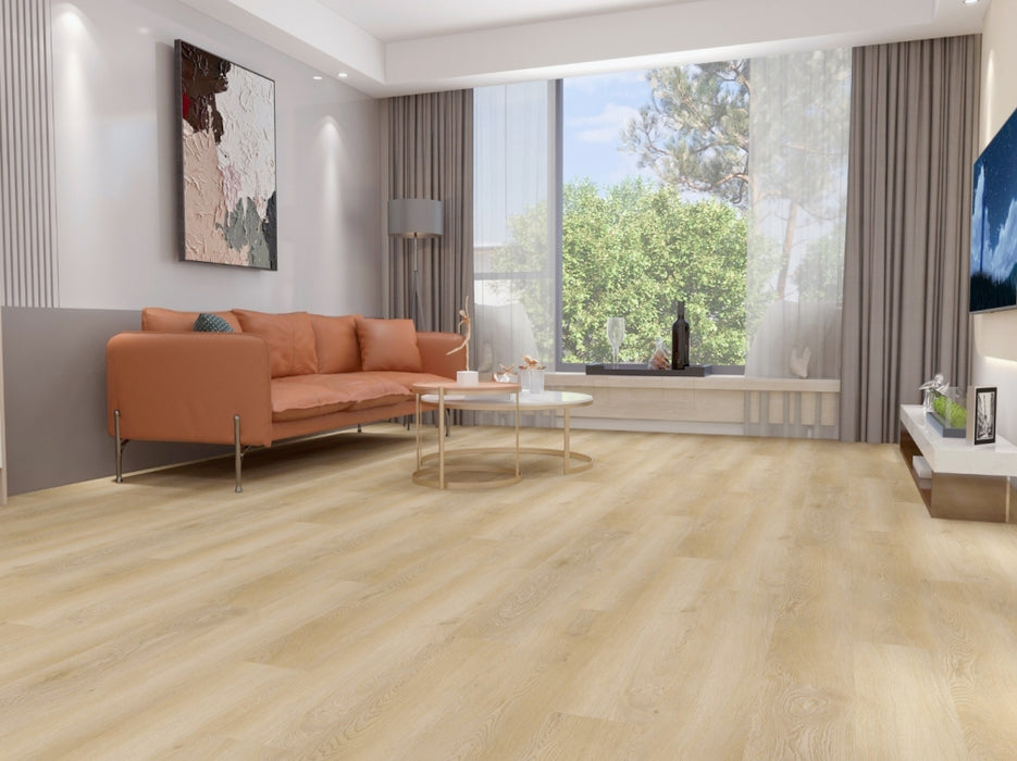 NAF AquaWood Volga 10mm waterproof WPC vinyl plank flooring with wide wood-look planks and textured finish in a living room