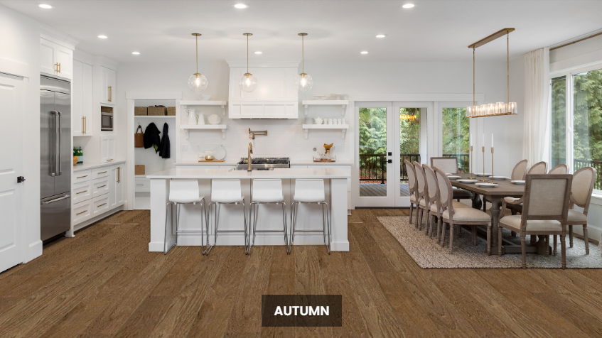 NAF Autumn European Oak engineered hardwood flooring featuring 5-inch-wide planks with natural oak grain and a textured wirebrushed finish in a dining room