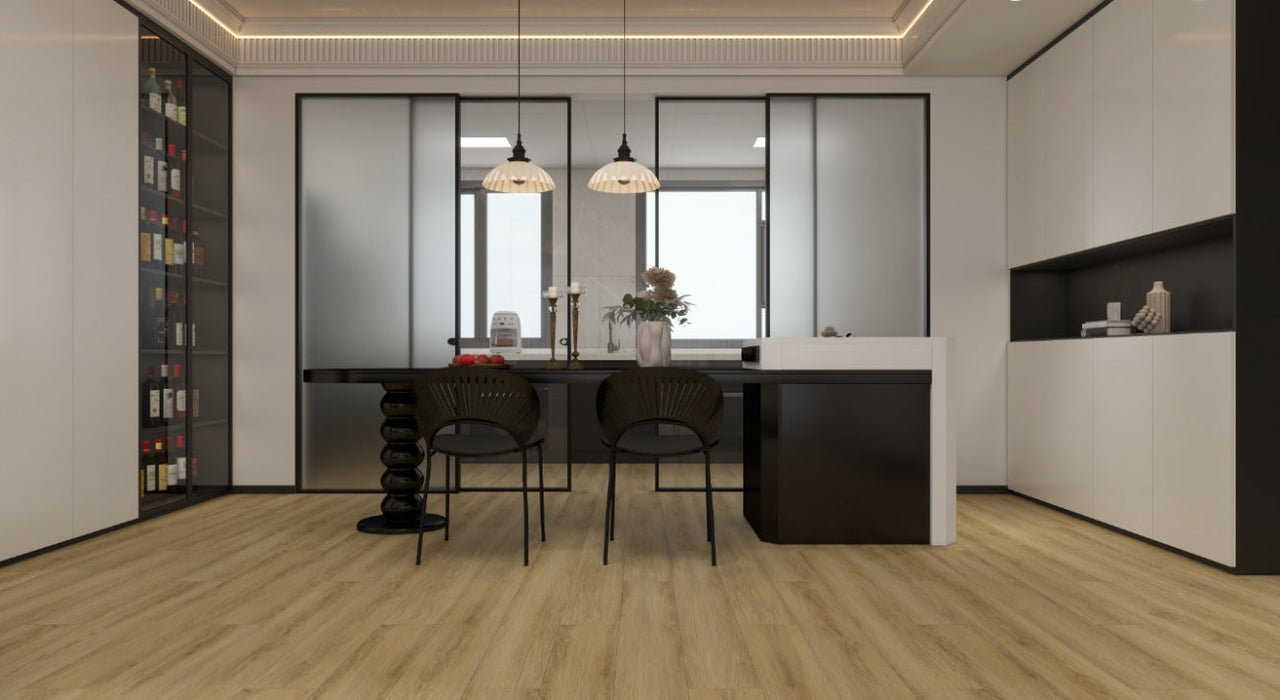 NAF Canyon Mist 14mm waterproof laminate flooring with 7.7-inch-wide planks and realistic 4D wood texture in a dining room