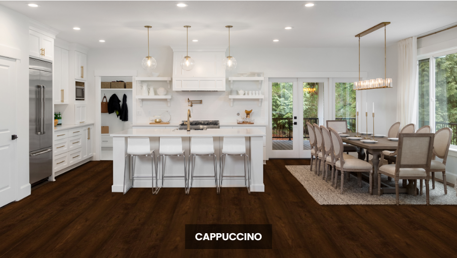 NAF Cappuccino Maple engineered hardwood flooring featuring 6.5-inch planks with natural maple grain and a handscraped surface in a dining room