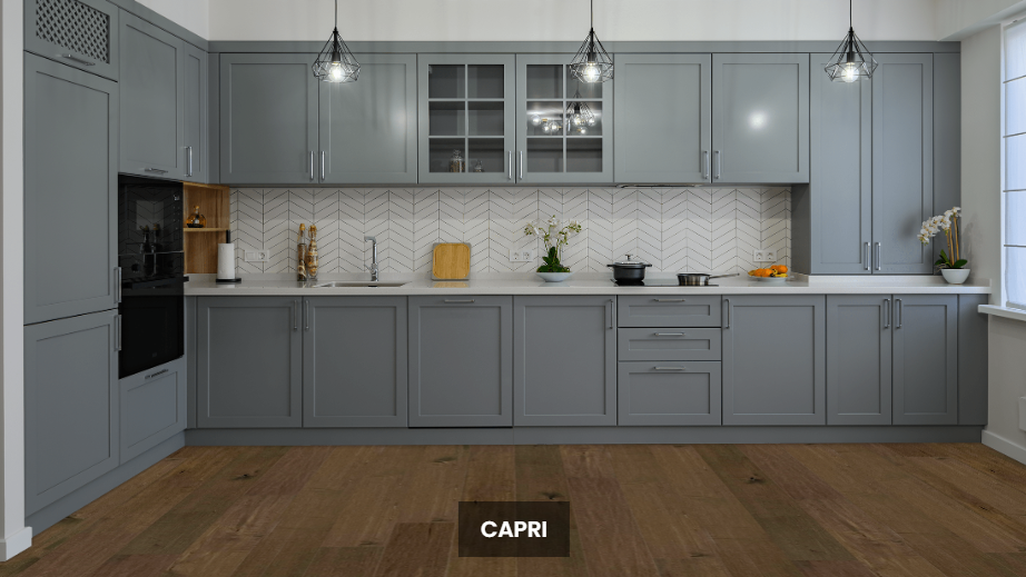 NAF Capri engineered maple hardwood flooring featuring 6.5-inch-wide planks, genuine maple grain, and a textured handscraped finish in a kitchen