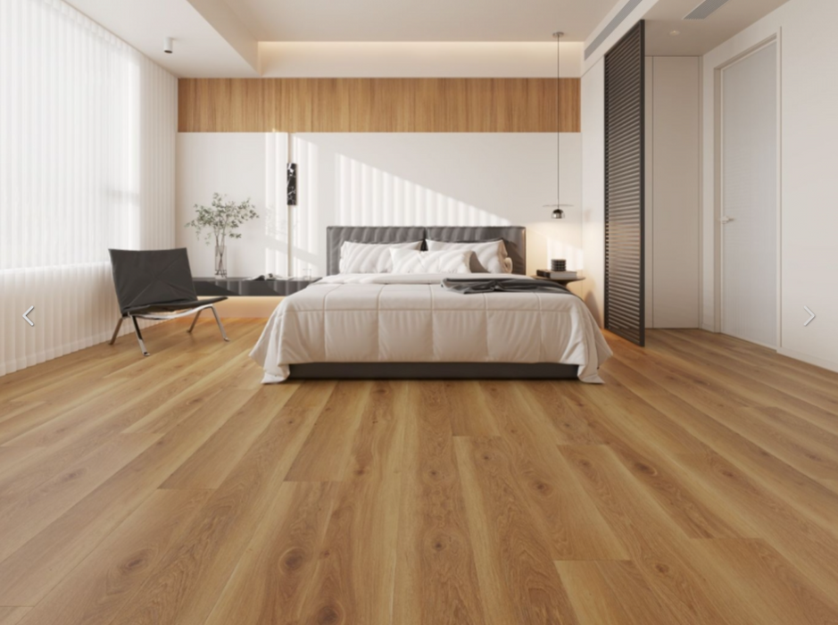NAF Cornwall 6.5mm waterproof SPC vinyl flooring featuring wood-look planks with natural grain detailing in a bedroom