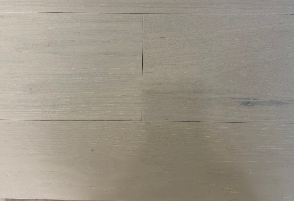 NAF Earl Grey Hickory engineered hardwood flooring with 7.5-inch wide planks, natural wood grain and a wirebrushed surface