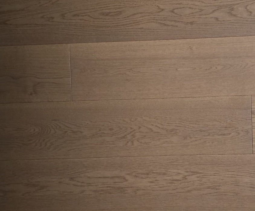 NAF Ecru White Oak engineered hardwood flooring with 7.5-inch wide planks and natural oak grain with a wirebrushed texture