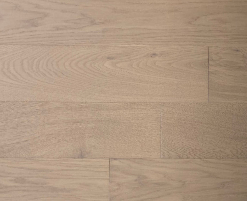 NAF Fawn Beige European White Oak engineered hardwood flooring featuring 5-inch planks with natural oak grain and a wirebrushed finish