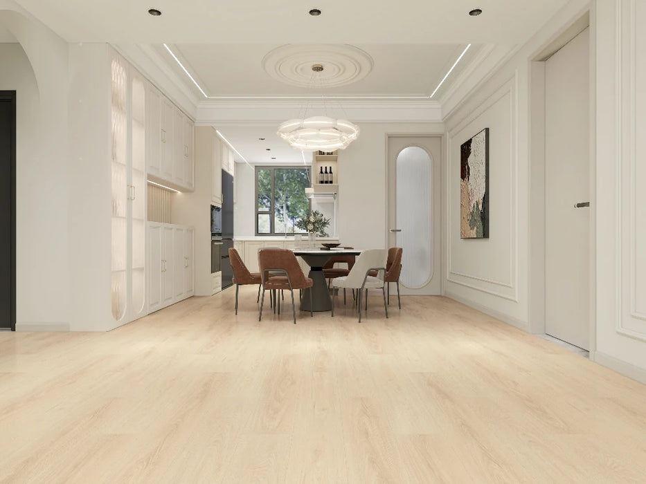 NAF Harbour Mist 14mm waterproof laminate flooring featuring 7.7-inch wood-look planks with a realistic 4D textured finish in a dining room
