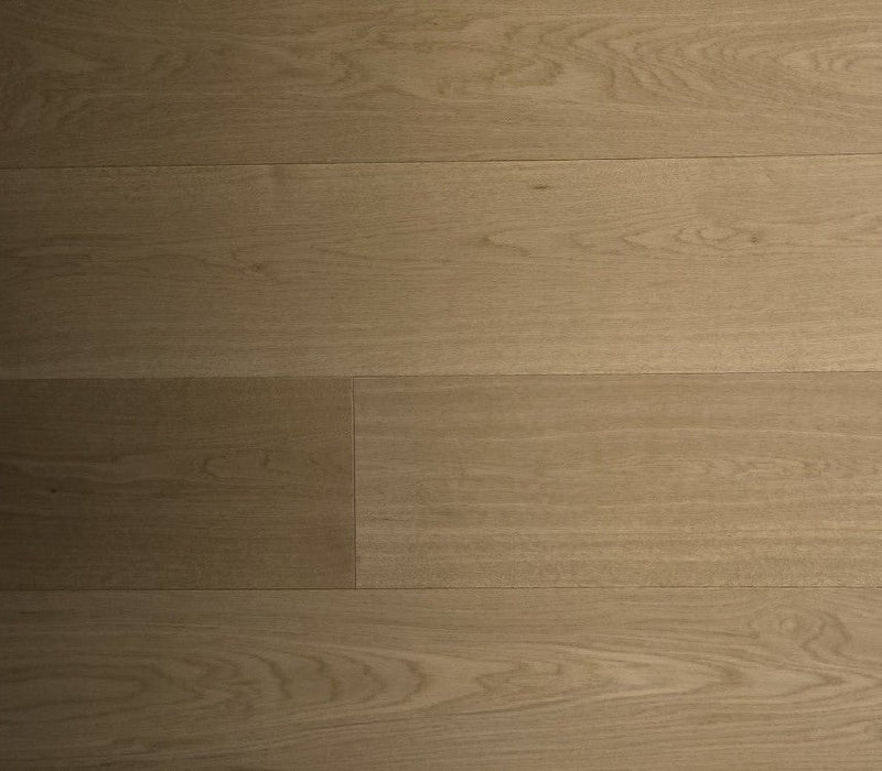 NAF Honey White Oak engineered hardwood flooring with 7.5-inch wide planks and natural oak grain with a wirebrushed texture