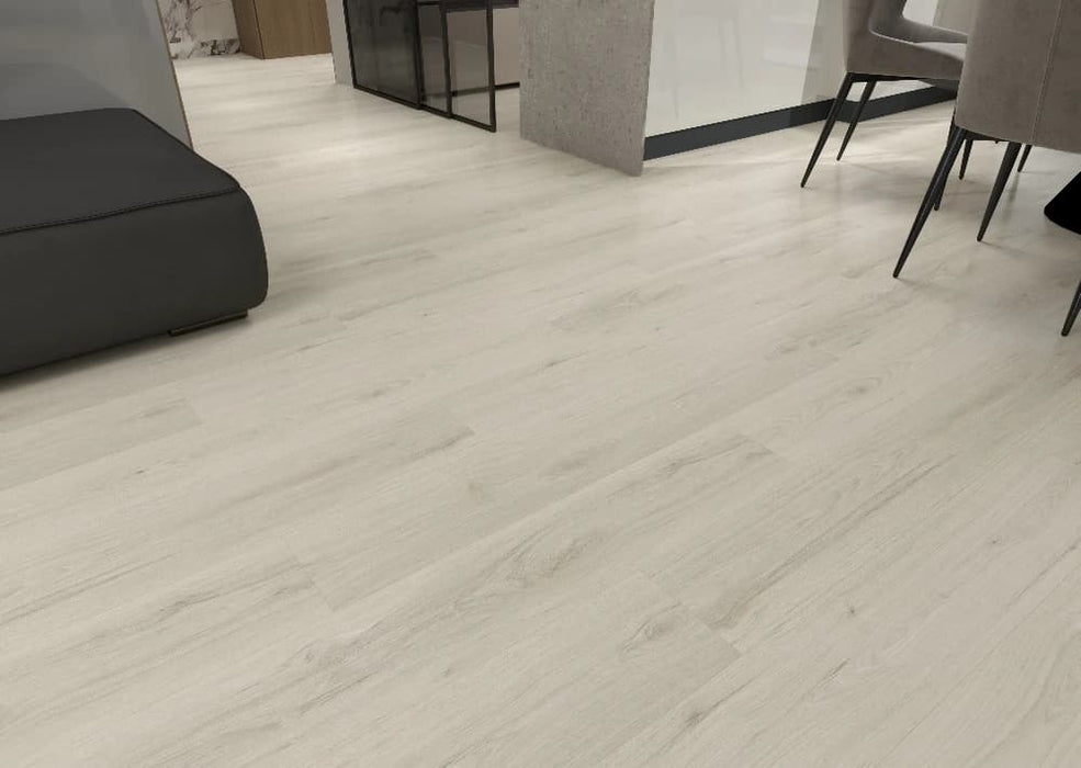 NAF Horizon 14mm waterproof laminate flooring featuring 7.7-inch wood-look planks with a realistic 4D textured finish in a dining room