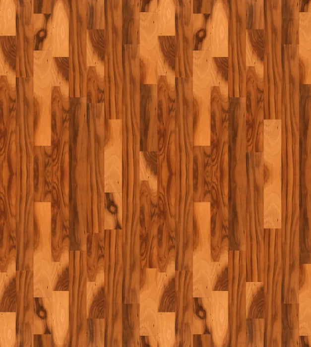 NAF Natural Exotic Walnut engineered hardwood flooring featuring 5-inch-wide planks, distinctive walnut grain and a textured handscraped finish layout overview