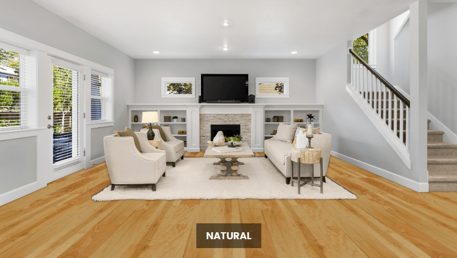 NAF Natural Maple engineered hardwood flooring featuring 6.5-inch planks with natural maple grain and a handscraped surface in a living room
