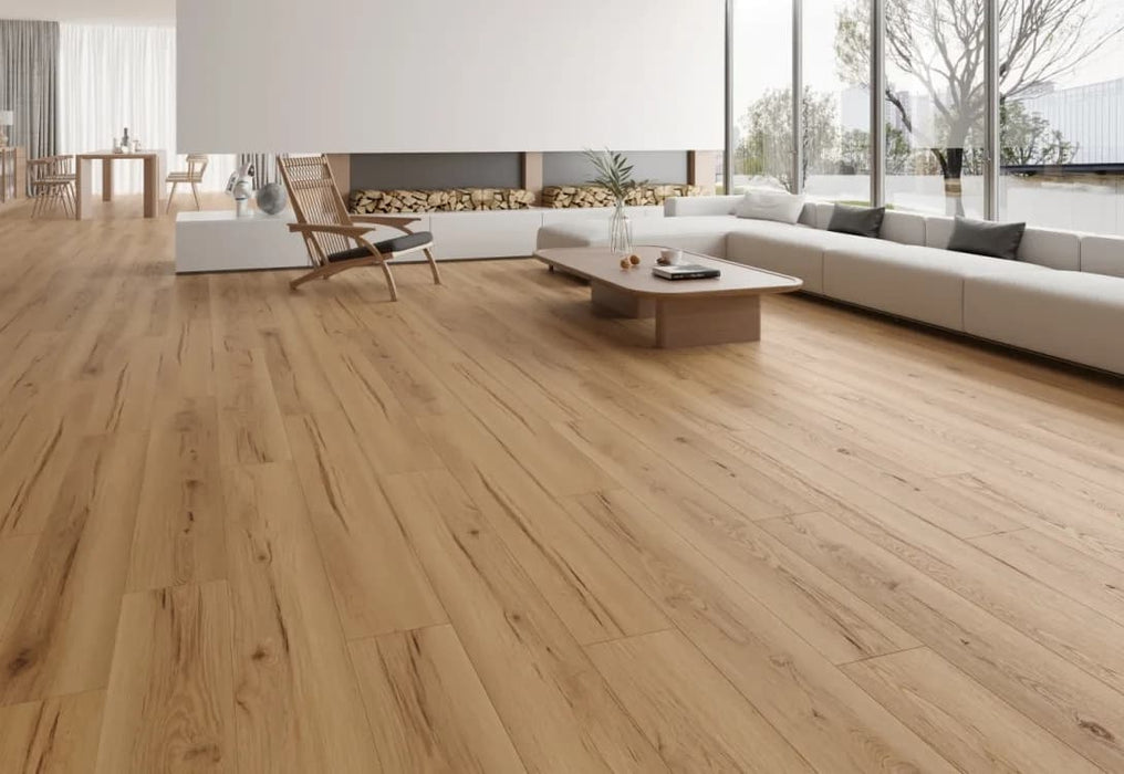 NAF Nova 12mm waterproof laminate PLUS flooring with wide 9.3-inch planks and natural-looking 4D wood-grain texture in a living room