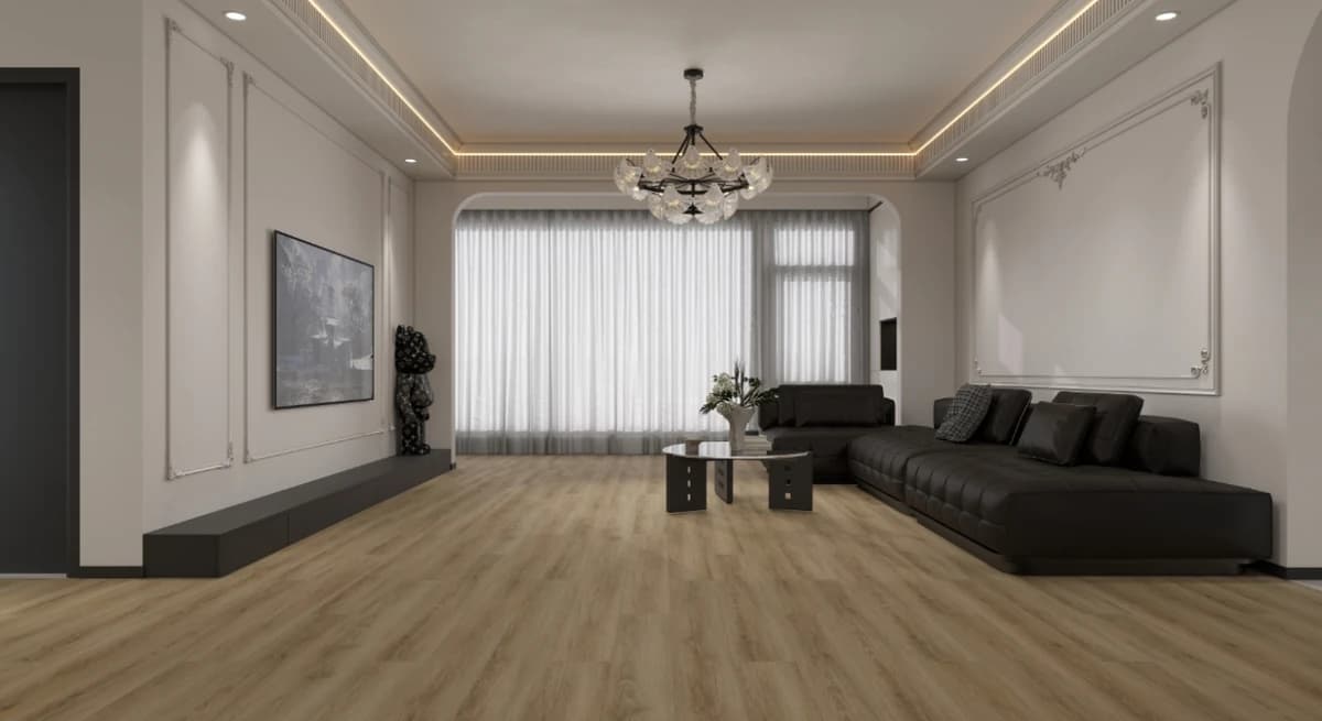 NAF Palisade 14mm waterproof laminate flooring featuring 7.7-inch wood-look planks with a realistic 4D textured finish in a living room