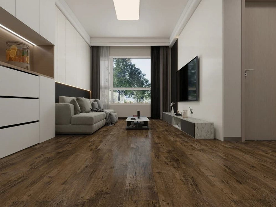 NAF Ravenwood 14mm waterproof laminate flooring featuring 7.7-inch wood-look planks with a realistic 4D textured finish in a living room