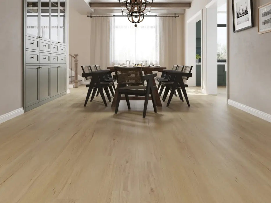 NAF Royal Buckingham 8mm waterproof rigid core vinyl plank flooring with realistic wood grain and deep-textured finish in a dining room