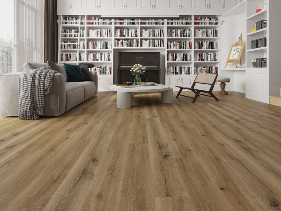 NAF Royal Durham 8mm waterproof rigid core vinyl plank flooring with realistic wood grain and deep-textured finish in a living room