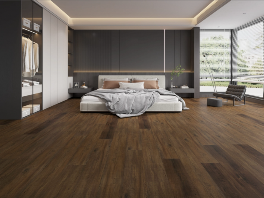 NAF Royal Hampton 8mm waterproof rigid core vinyl plank flooring with realistic wood grain and deep-textured finish in a bedroom