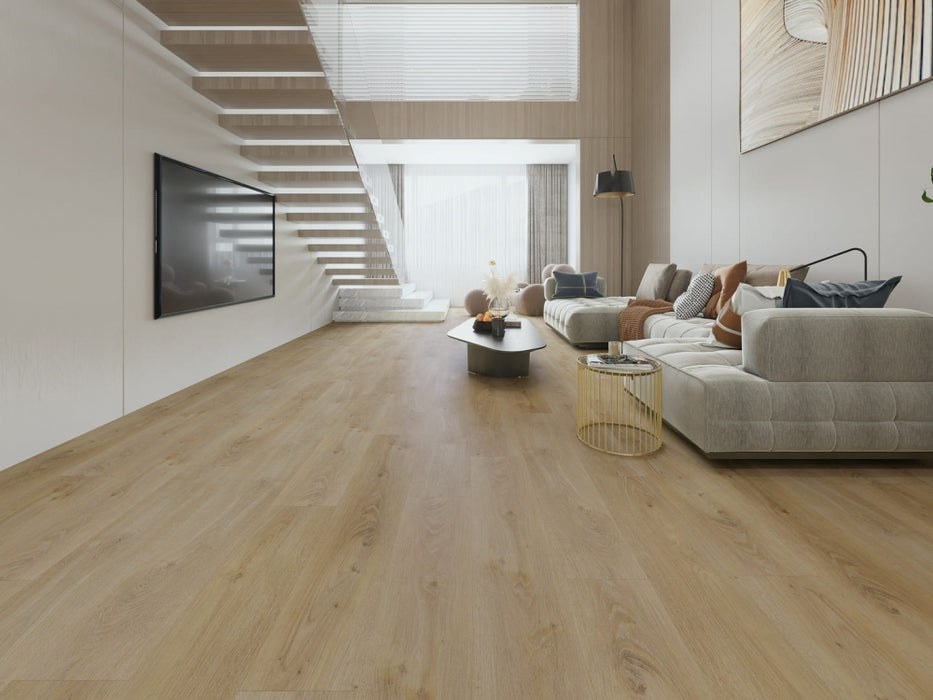 NAF Royal Kensington 8mm waterproof rigid core vinyl plank flooring with realistic wood grain and deep-textured finish in a living room