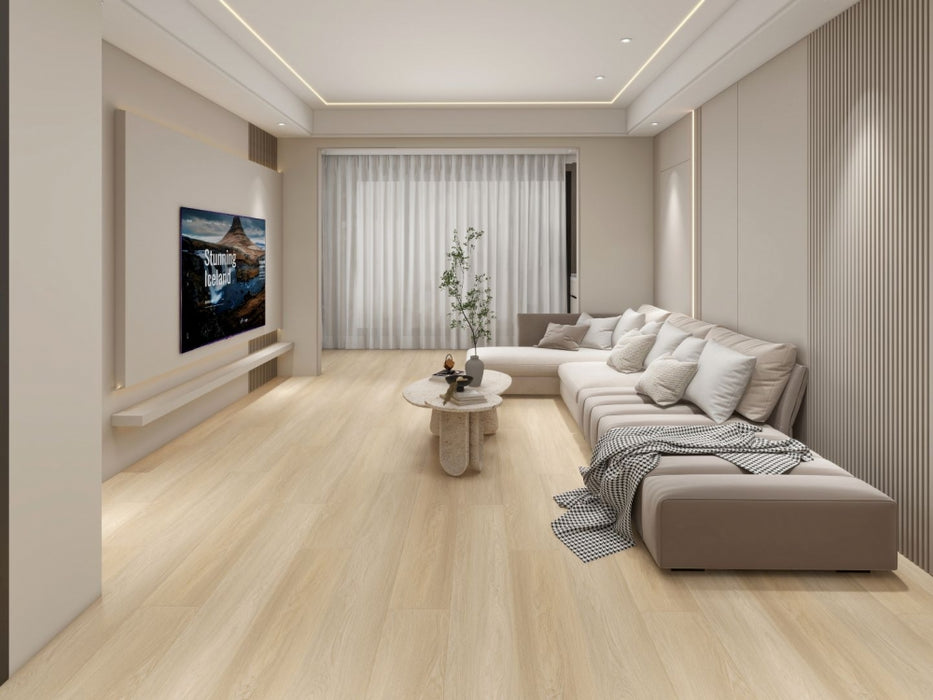 NAF Royal Leeds Castle 8mm waterproof rigid core vinyl plank flooring with realistic wood grain and deep-textured finish in a living room