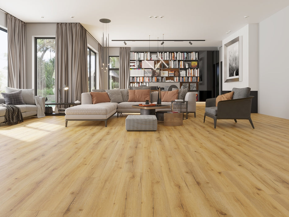 NAF Royal Rochester 8mm waterproof rigid core vinyl plank flooring with realistic wood grain and deep-textured finish in a living room