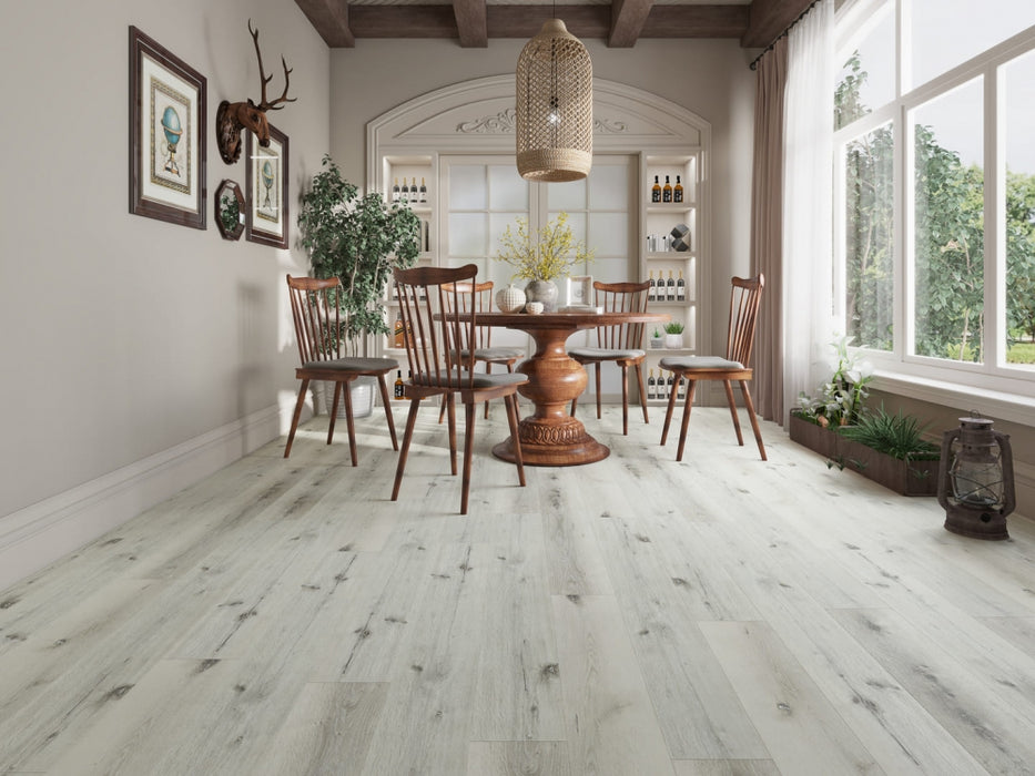 NAF Royal Windsor 8mm waterproof rigid core vinyl plank flooring with realistic wood grain and deep-textured finish in a dining room