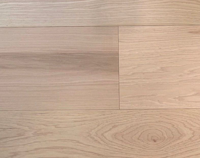 NAF Rustic Natural Hickory engineered hardwood flooring with 7.5-inch wide planks, natural wood grain and a wirebrushed surface