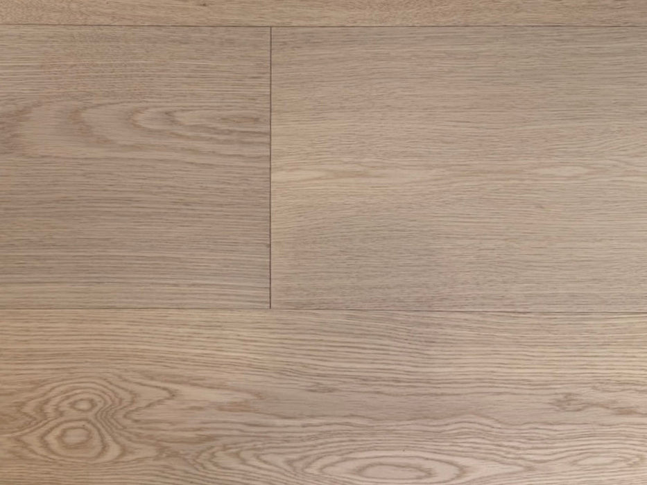 NAF Soft Gold European White Oak engineered hardwood flooring featuring 7.5-inch planks with natural grain and a wirebrushed surface