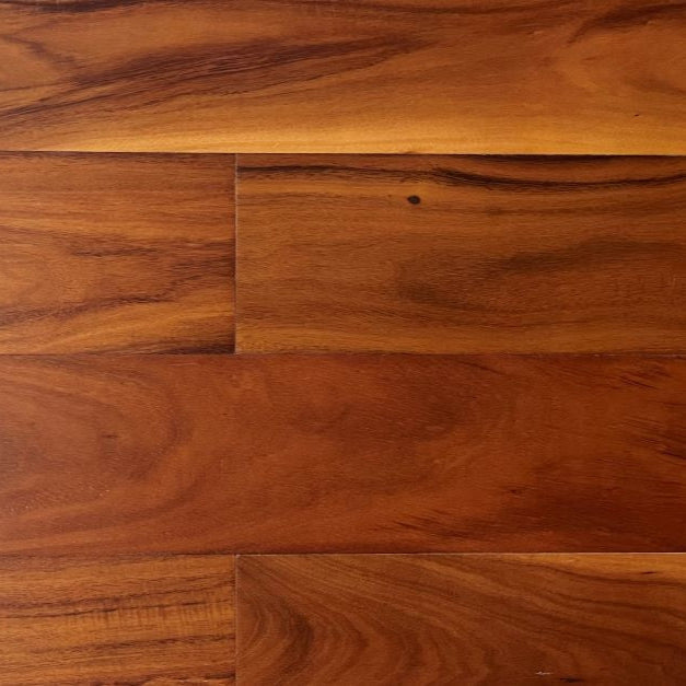 NAF Tan Exotic Walnut engineered hardwood flooring featuring 5-inch-wide planks, distinctive walnut grain and a textured handscraped finish