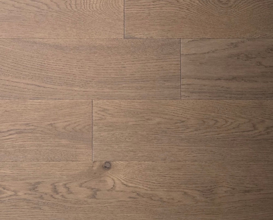 NAF Toffee European White Oak engineered hardwood flooring featuring 5-inch planks with natural oak grain and a wirebrushed finish