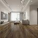 NAF Urban Walnut 14mm waterproof laminate flooring featuring 7.7-inch wood-look planks with a realistic 4D textured finish in a living room