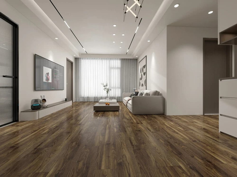 NAF Urban Walnut 14mm waterproof laminate flooring featuring 7.7-inch wood-look planks with a realistic 4D textured finish in a living room