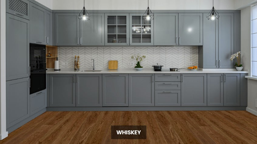 NAF Whisky 12mm European Oak engineered hardwood flooring with natural oak grain and a textured wirebrushed finish in a kitchen