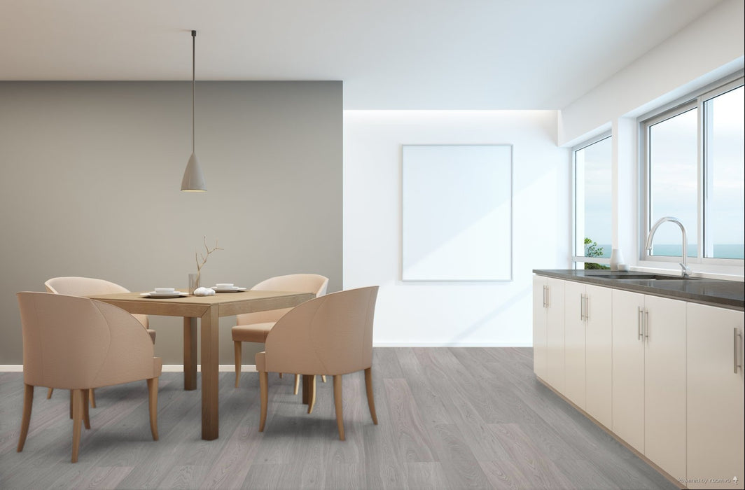 Toucan Alabaster 7.72" waterproof TF80 laminate flooring in dining area