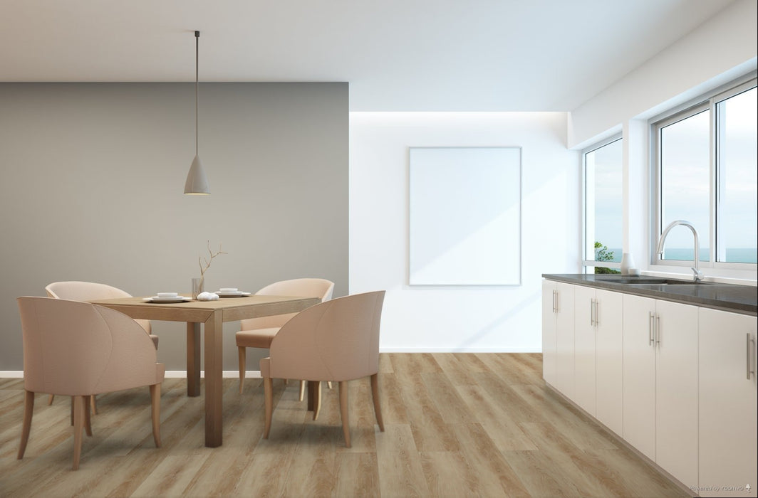 Toucan Golden Hour 9.06" 6mm SPC5 vinyl flooring in dining room
