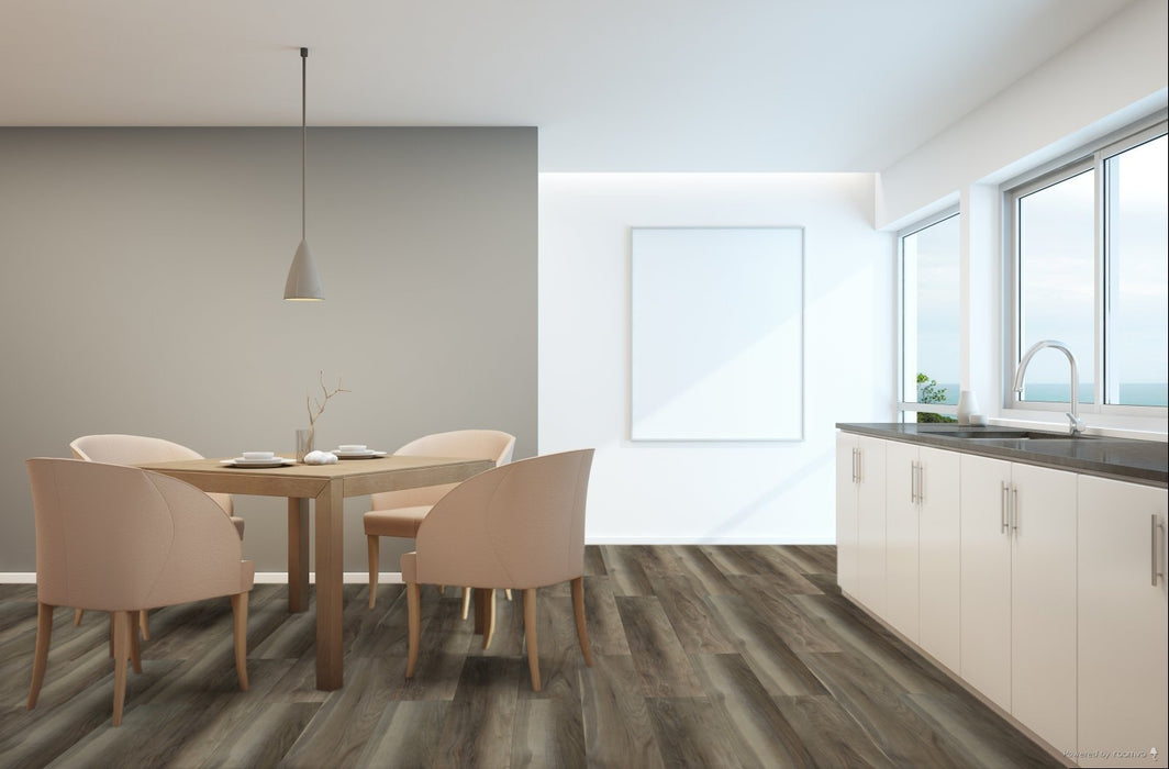 Toucan Milk Chai 9.06" 6mm SPC5 vinyl flooring in dining room