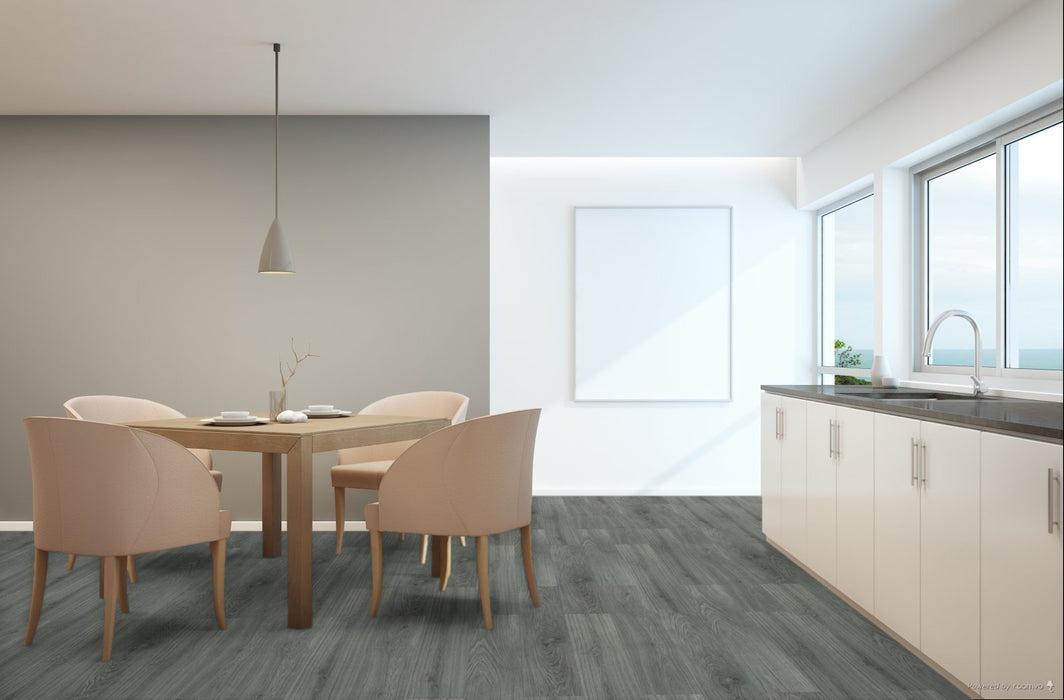 Toucan Ocean Grey 7.70" Water Resistant EIR laminate flooring in dining area