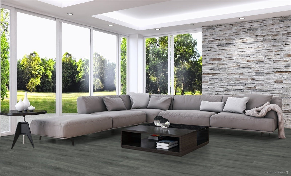 Toucan Ocean Grey 7.70" Water Resistant EIR laminate flooring in living room