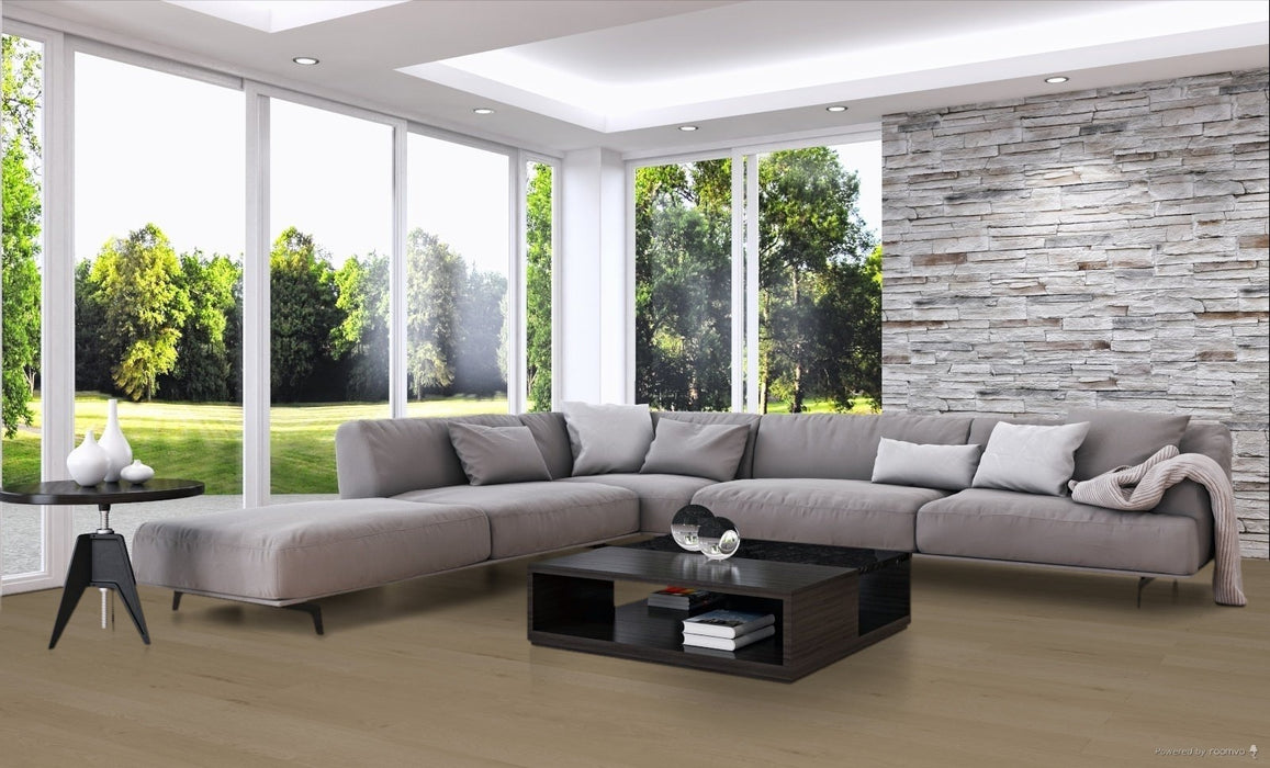 Toucan Oyster Studio Collection European White Oak engineered hardwood flooring in living room