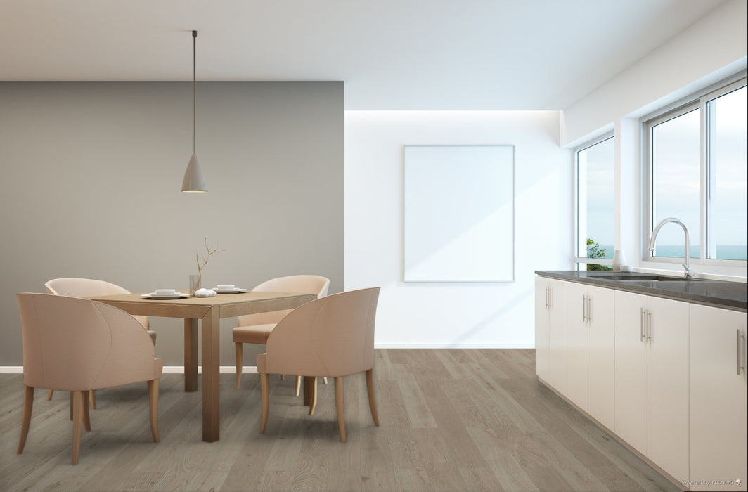 Toucan Satin Towne Collection European White Oak engineered hardwood flooring in dining room