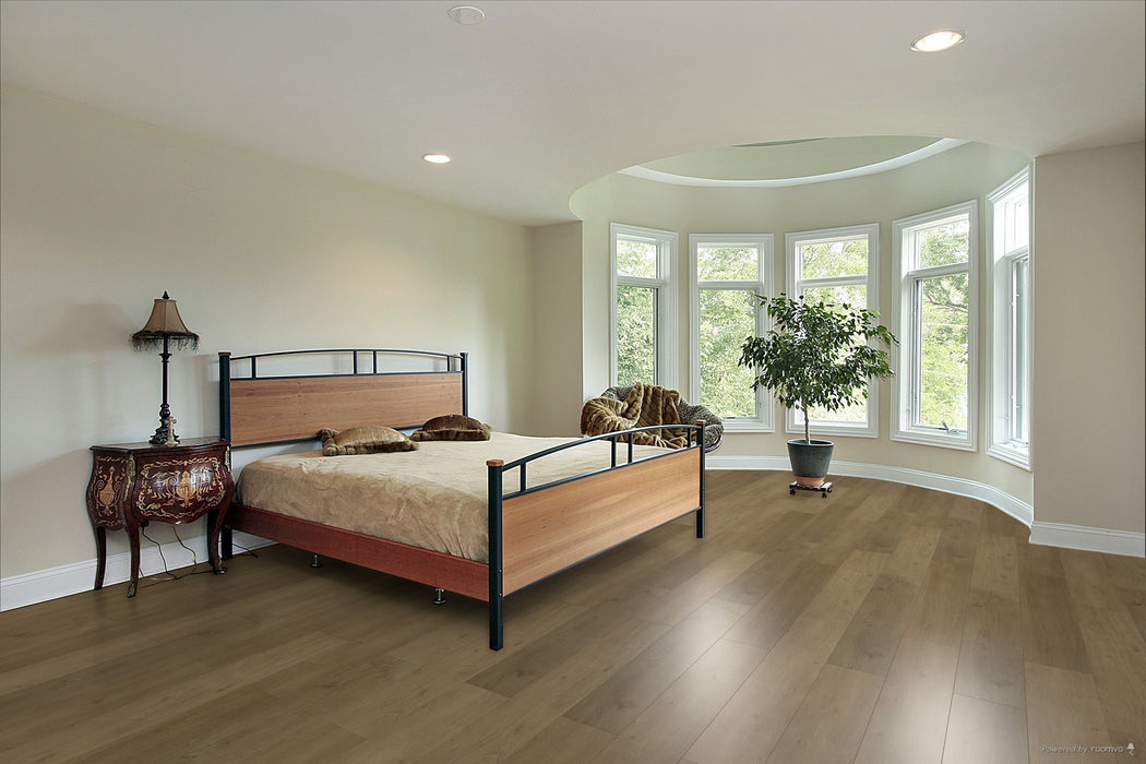 Toucan Warm Chestnut 7.70" Water Resistant EIR laminate flooring in bedroom